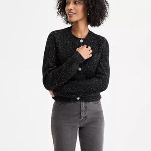 On 34th Lurex Rhinestone-Button Cardigan Black Silver Sweater Size XL